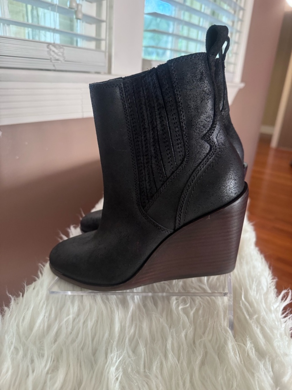 Lucky Brand Black Suede Wedge Ankle Boots